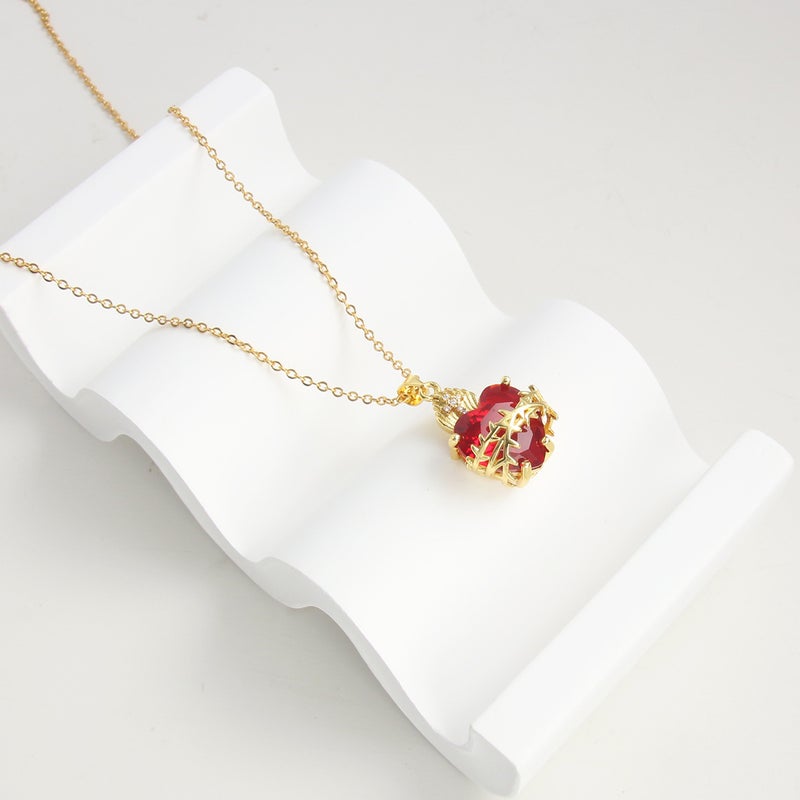 Red Heart-Shaped Zircon Cross Pendant Necklace Sacred Heart Necklace Copper Gold-Plated Peach Heart Necklace - Image 5